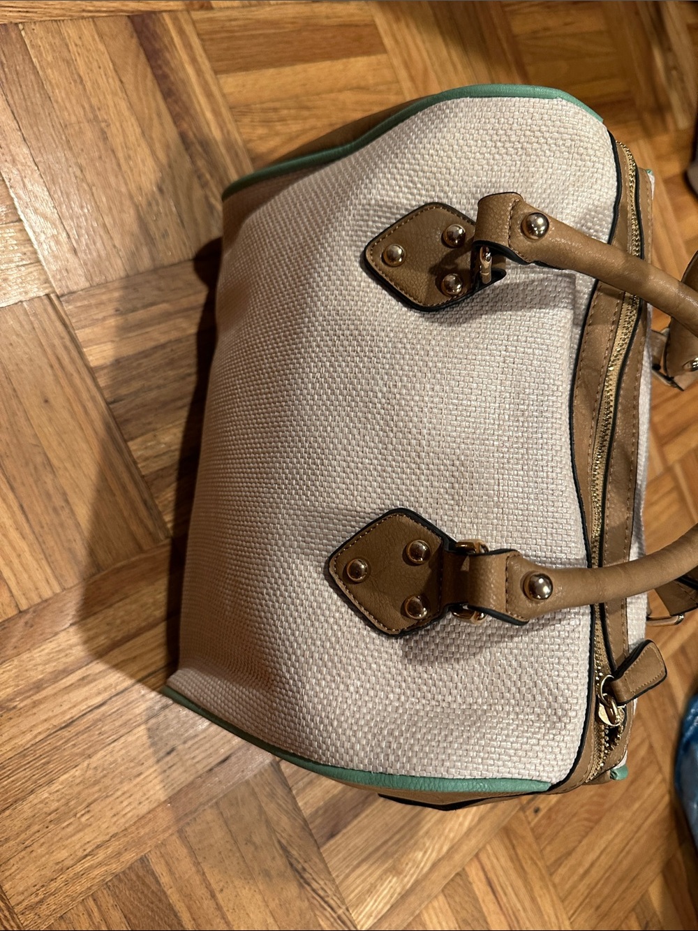Canvas and Leather Satchel Handbag in Cream and Tan